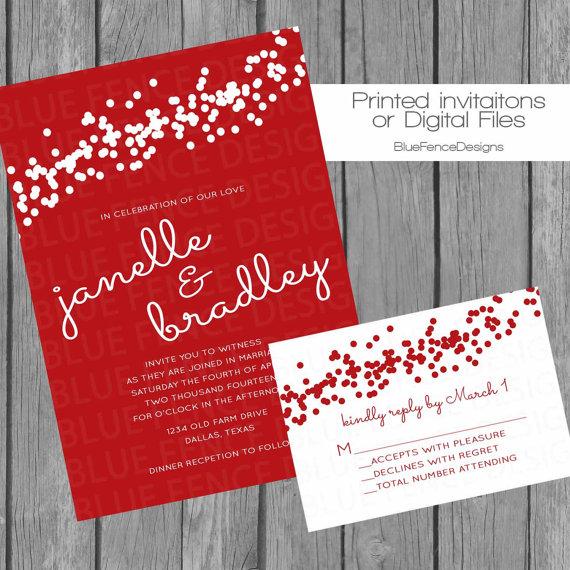 Wedding - Red confetti wedding invitation, engagement party invite, reception only invite, vow renewal, any color, valentine