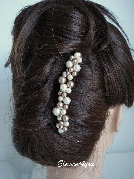 Hochzeit - Ivory Champagne Pearls Comb Bridal Swarovski pearls cluster Beaded Silver Veil attachment Bride hair wedding accessory Handmade Unique