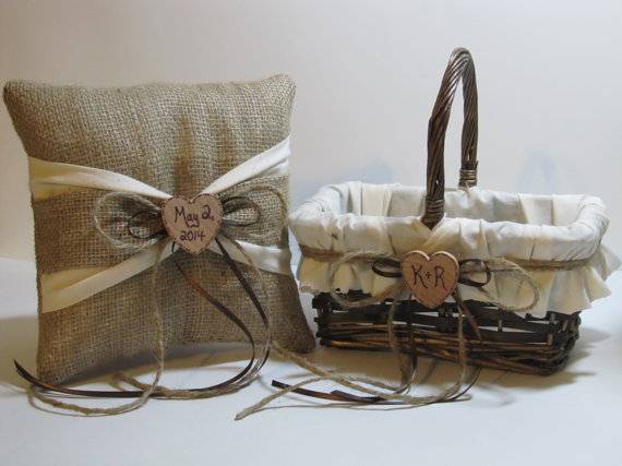 Hochzeit - Personalized Rustic Flower Girl Basket and Ring Bearer Pillow For Your Country Wedding