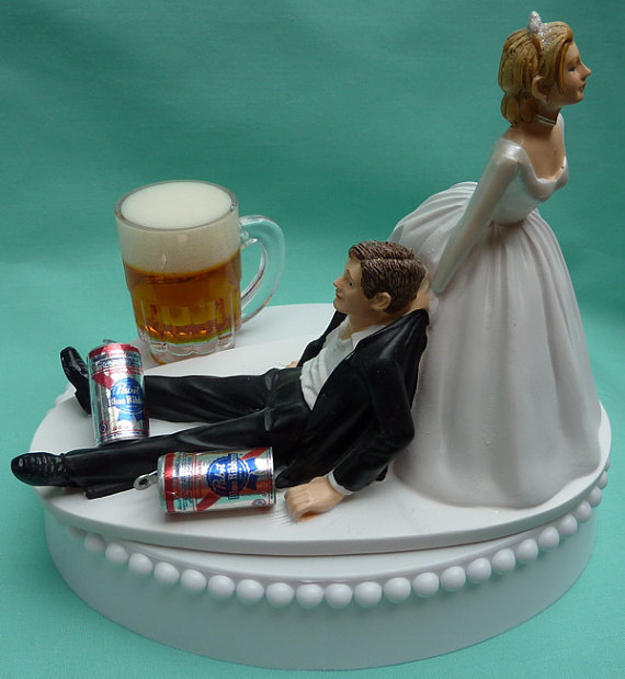 Hochzeit - Wedding Cake Topper Pabst Blue Ribbon PBR Beer Mug Cans Drinking Drinker Groom Themed w/ Bridal Garter Beverage Humorous Bride Dragging Fun