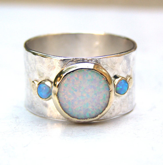 زفاف - Handmade Engagement Ring - Fine 14k gold ring silver ring White opal, blue opal Gemstone Similar diamond ring MADE TO ORDER