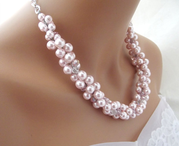 Wedding - Chunky Pink Pearl Necklace, Statement Bridal Necklace, Bib Wedding Necklace, Pearl Bridesmaid Jewelry