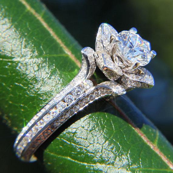 زفاف - Gorgeous UNIQUE Flower Rose Diamond Engagement Ring - EGL certified - 3.11 carat - 14K white gold - custom made - One time only - fl01