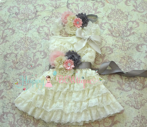 Wedding - Girls Dress- Ivory PInk Grey Petti Lace Dress set, ruffle dress, baby dress, Birthday outfit, baby girl, flower girl dress, Ivory dress set