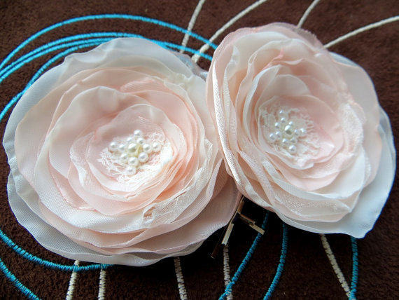 Wedding - Ivory, blush pink bridal hair flowers (set of 2), bridal hairpiece, bridal hair clips, wedding hair accessories, wedding hair flower