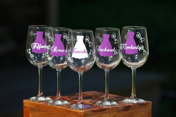 Wedding - Bridesmaid gift idea wine glass, Includes name and title.  Plum dress on glass with white accents or your colors.  1 glass