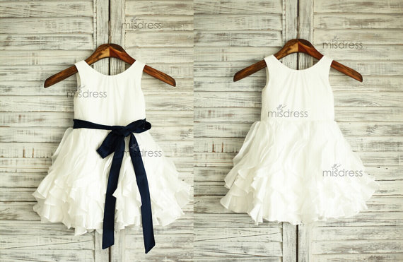 Mariage - Taffeta Ruffle Flower Girl Dress/Navy Blue Sash Wedding Easter Junior Bridesmaid Baptism Baby Infant Children Toddler Kids Dress