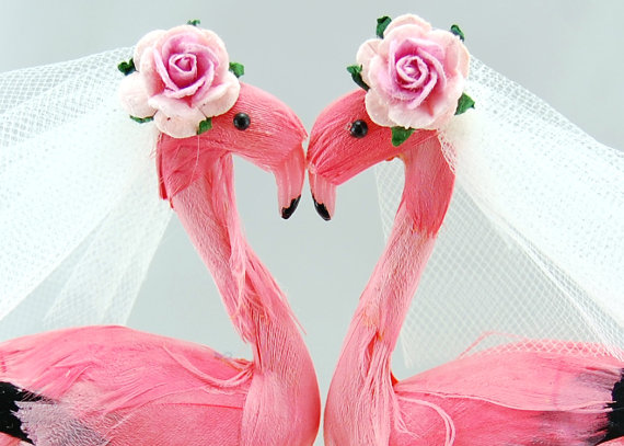 Hochzeit - Pink Flamingo Cake Topper: Bride and Bride Tropical Love Bird Gay & Lesbian Wedding Cake Topper -- Two Brides