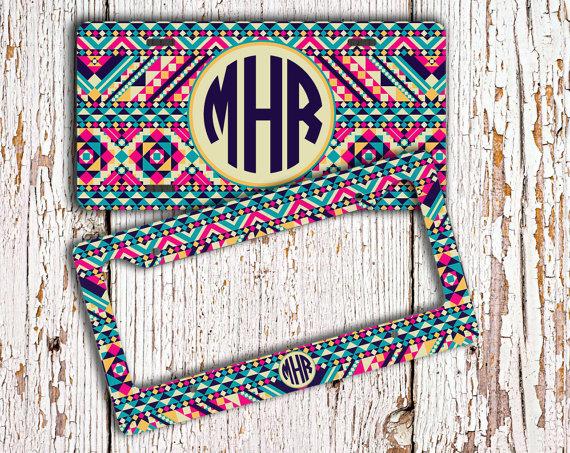 Wedding - Bridesmaid gift idea, Cute license plate or frame, Monogram car tag, Tribal vanity plate,  Aztec bicycle license plate, ATV size tag (1261)