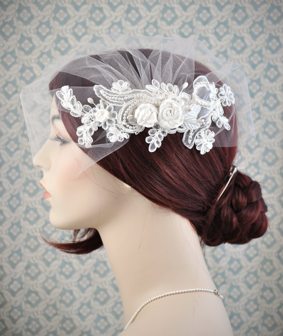 Hochzeit - Wedding Veil - Tulle Birdcage Veil with Organza Lace and Silk Rosettes, Ivory lace blusher veil - 121BC