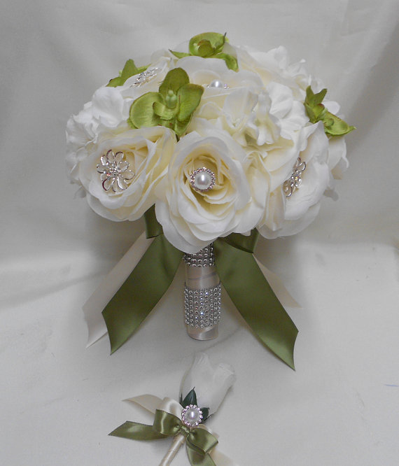 Wedding - Wedding Silk Flower Bride's Bouquet  Brooch Pearl Rhinestone Ivory roses Hunter Green rosebuds Boutonnieres