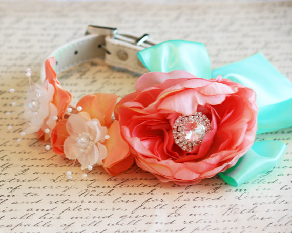 Wedding - Blush, Coral and Mint Floral Dog Collar, Pet Wedding Accessory, Spring wedding, Floral Collar, Blush, Coral, White and Mint Wedding
