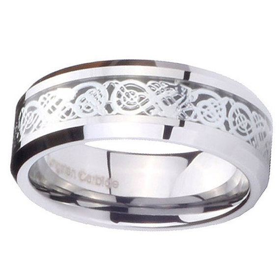 Hochzeit - Engraving Dragon Tungsten Carbide Celtic Mens Jewelry Wedding Silver Ring Size7 to 13