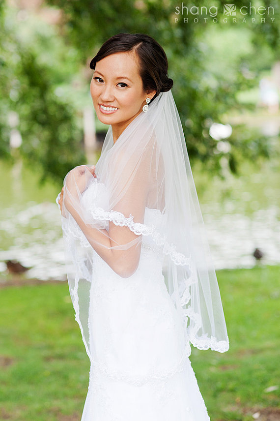 زفاف - Bridal Veil,  Two tier,  Scalloped Lace Edge, Beaded Lace, white or ivory