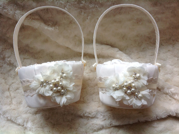 Mariage - Two Flower girl baskets / ivory or white / chiffon puff with rhinestones / best seller / custom colors 
