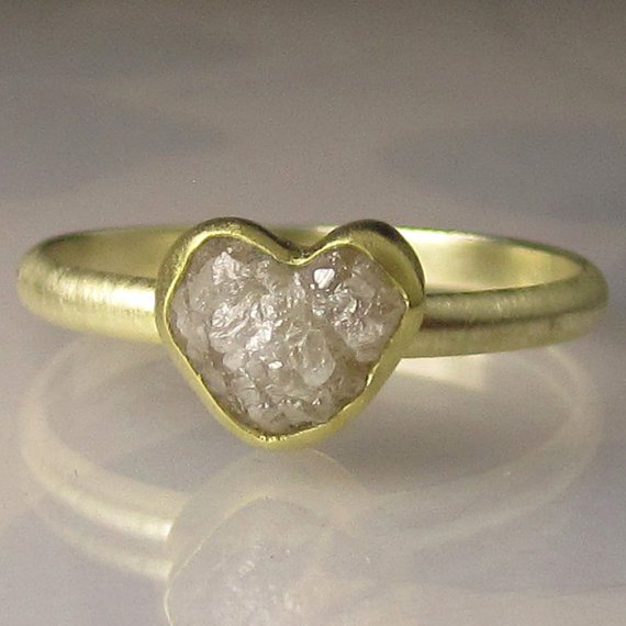Hochzeit - Heart Shaped Raw White Diamond Engagement Ring, 18k and 14k Gold