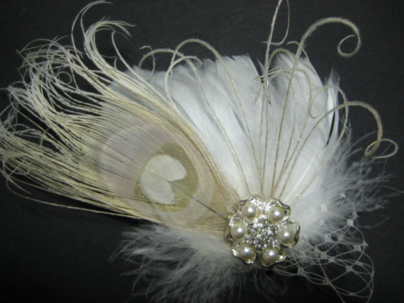 Mariage - Wedding Bridal White Champagne Peacock Feather Rhinestone Jewel Ivory Veiling Head Piece Hair Clip Fascinator Accessory