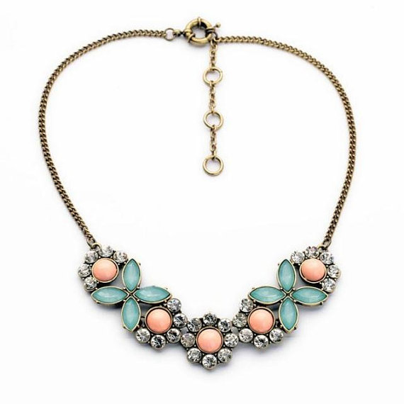 زفاف - Free shipping-Blue and peach statement necklace, bib necklace, party necklace, wedding necklace, bridesmaid necklace, stone mixed necklace