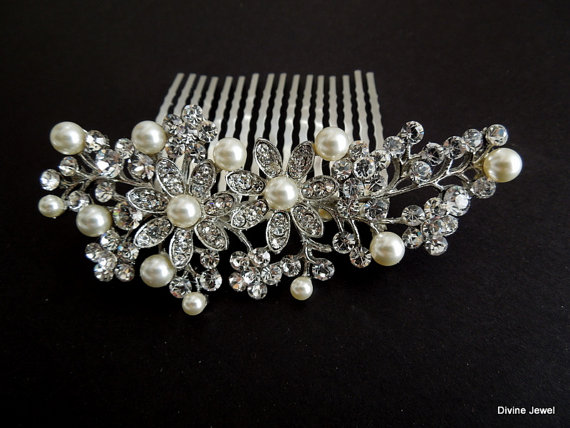 Wedding - Bridal Swarovski Crystal Pearl Wedding Comb,Wedding Hair Accessories,Vintage Style Pearl Leaf Rhinestone Bridal Hair Comb,Rhinestone,PAMELA