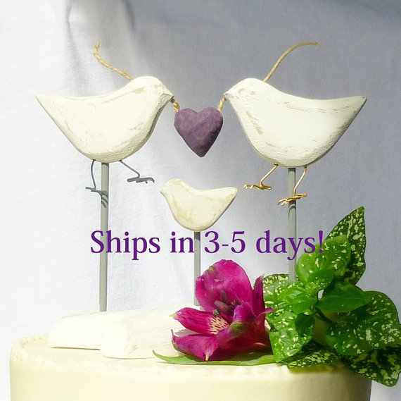 زفاف - And Baby Makes Three Wedding Cake Topper,  Shabby Chic / White Wedding Decor / Rustic Cake Topper With Love Birds