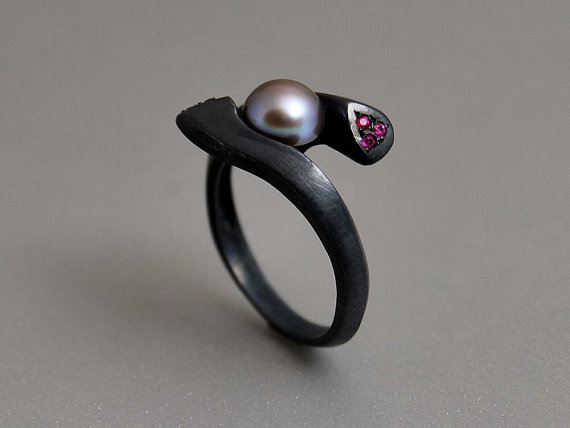 Wedding - The Hug Statement Engagement Ring Modern Minimal Chic Design Black Sterling Platinum Plated Mystery Pearl Ruby Gems Rare Beauty Special Gift