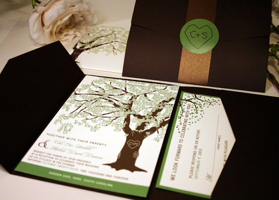 Hochzeit - SAMPLE of Grandfather Oak Tree Pocketfold Wedding Invitations, Rustic and Modern