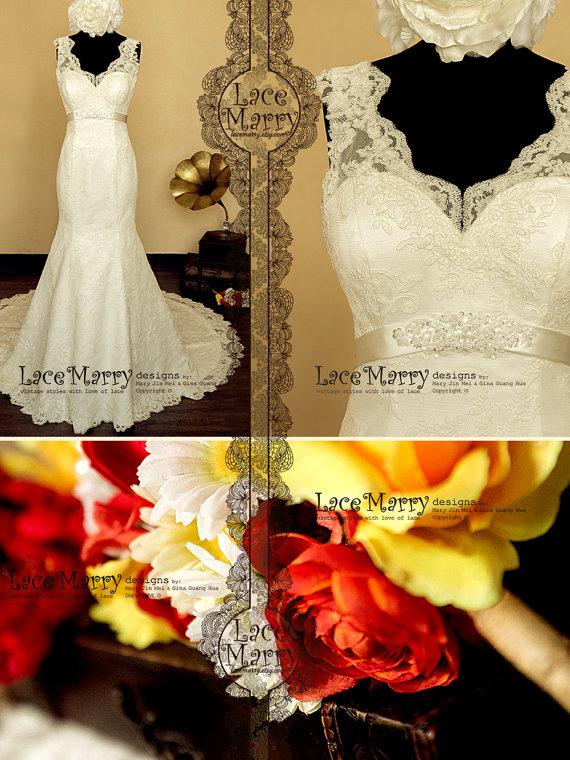 Свадьба - Gorgeous Lace Wedding Dress in Trumpet Style Silhouette, Features Scalloped Lace Straps and Satin Belt with Delicate Beading Brooch