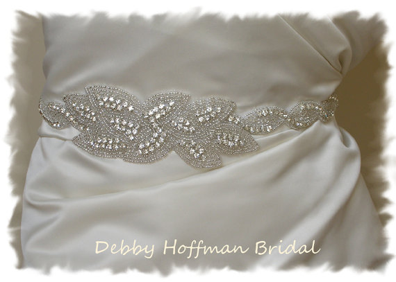 زفاف - Beaded Rhinestone Crystal Bridal Sash, Jeweled Wedding Dress Belt, Leaf Bridal Sash,  No. 1121S3020-18-2, Wedding Accessories, Belts, Sashes