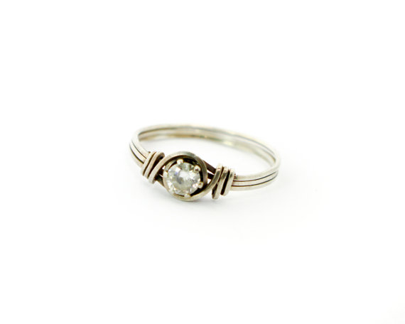 زفاف - Silver and Cubic Zirconium Engagement Ring with Silver Wire Wrapping and 1/4 Carat CZ Centerpiece // Size: 8