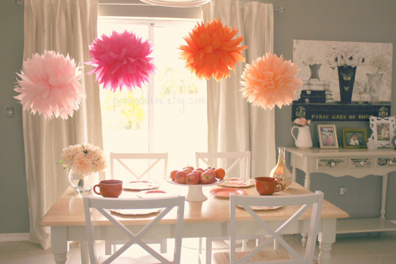 Mariage - 12 Tissue  Pom Poms -Home Decor- Wedding Decor -It's A Girl-Summer Wedding- Girl Baptism - Chic Decor  - Orange and pink wedding