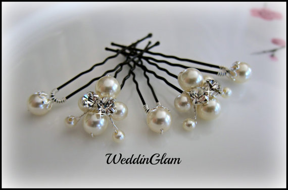 زفاف - White Ivory Pearl Clip, Bridal Hair Pins, Wedding Hair Accessories, Swarovski Pearl Wedding Hair clips, Set of 5 Hair Pin, Floral Hair Pins