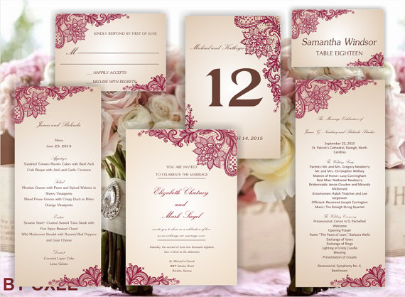 زفاف - Printable set of  Wedding templates: invitation, RSVP card, program, menu, table number and place card Vintage Red lace pattern by Oxee