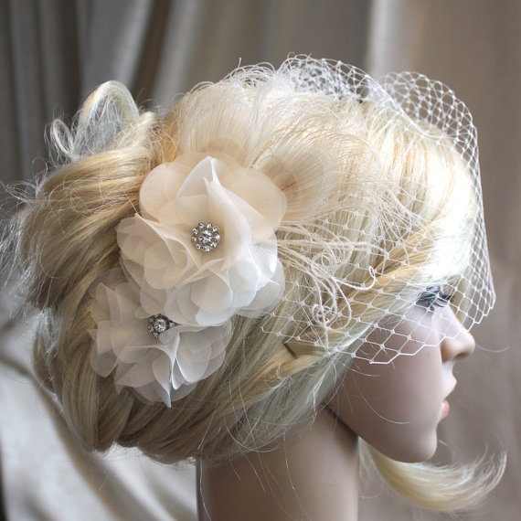 Hochzeit - Ivory Silk organza flowers hair clip and birdcage veil vail ( 2 items) wedding reception bridal party
