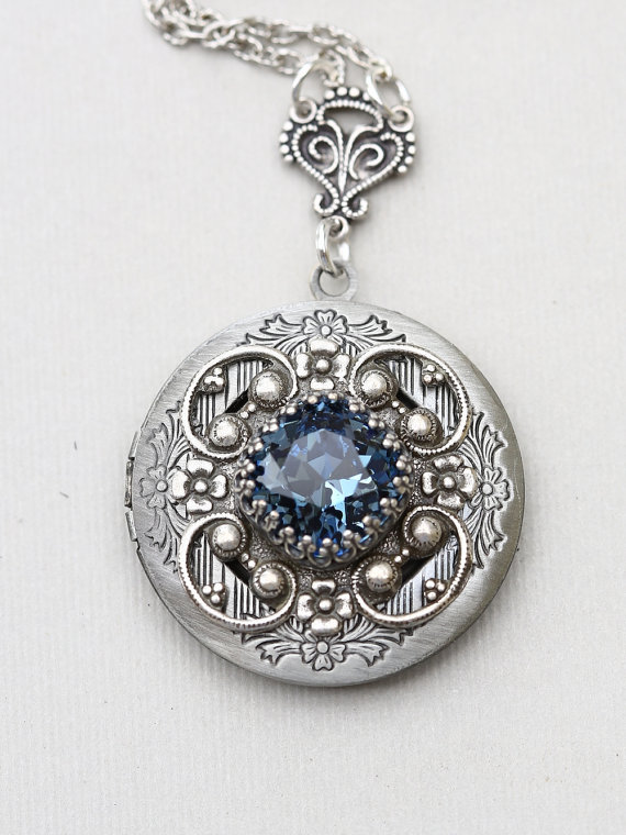 Hochzeit - Sapphire Locket, Silver Locket,Jewelry,Necklace, Birthstone Locket,Sapphire  Rhinestone Locket,Flower,Wedding Necklace,bridesmaid necklace