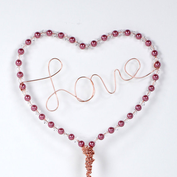 Mariage - Love Heart Valentines Day or Wedding Cake Topper Custom Wire Sculpture Simple Classic Pearl Swarovski Crystal Heart Love