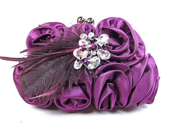 Wedding - Purple Rosette Feather Crystal Bridal Clutch, Wedding Purse