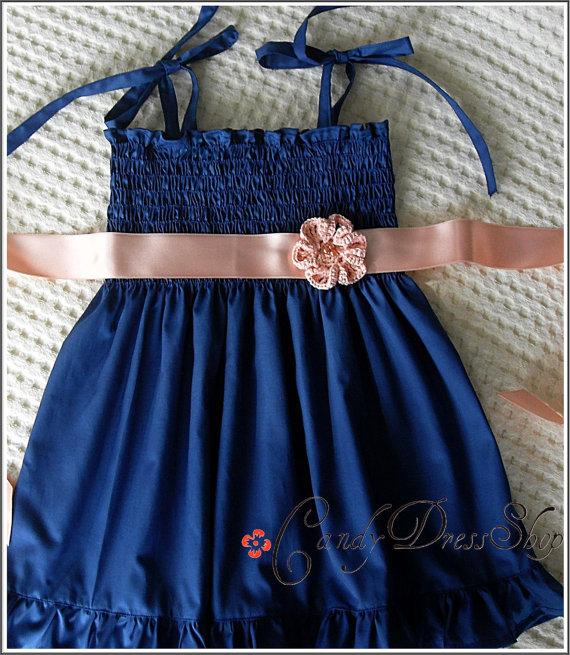 Свадьба - Dark blue satin dress - Dark Blue Dress for girls - dark Blue Flower girl dress - Party dress-Blue Frilly Easter dress - halter dress