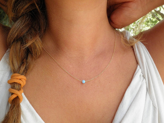 Wedding - Opal Necklace, Tiny One 4mm Blue Opal Necklace, Gold Necklace Bridesmaid gift, Minimalist Pendant Necklace, Delicate14k Gold Filled Necklace