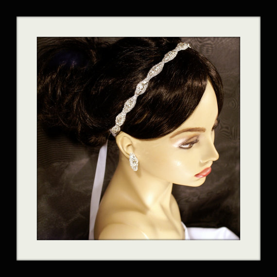 Свадьба - Bridal Headband Headpiece Rhinestone Ribbon White Ivory Gray Black Tie On Oval Beaded Wedding Bohemian Best Seller Audrey 1