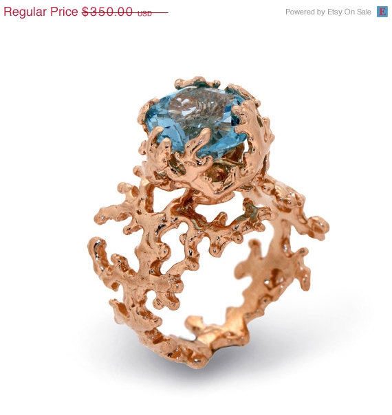 زفاف - ON SALE - CORAL Blue Topaz Engagement Ring, Rose Gold Blue Topaz Ring, Statement Ring, Rose Gold Ring, Rose Gold Engagement Ring