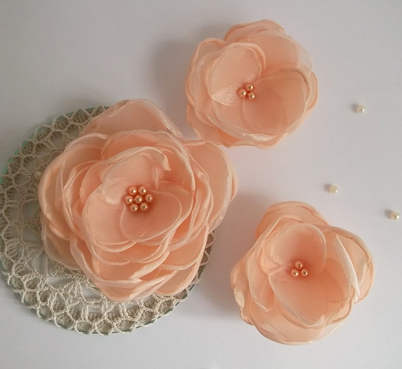 Mariage - Peach flower in handmade, Bridal hair dress shoe accessory, Bridesmaids, Weddings, Hair clip, Shoe clip, Brooch, Flower girls, Set 3, Gift