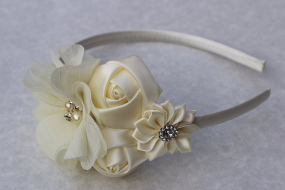 Свадьба - Ivory headband plastic cream flower girl headband ivory wedding headband chiffon headband photo prop ivory hair accessory shabby flowers