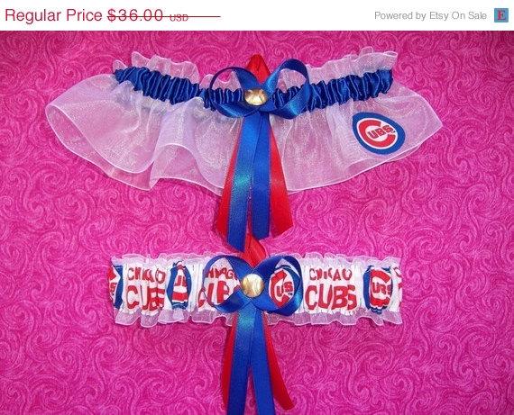Mariage - ON SALE Handmade Wedding Garter Set with Chicago Cubs fabric