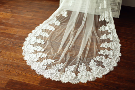 Hochzeit - Alencon Lace Veil/Bridal Veil/Wedding Veil/Mantilla Veil/3M Long Cathedral Veil/Eyelash Lace Veil/Comb Veil