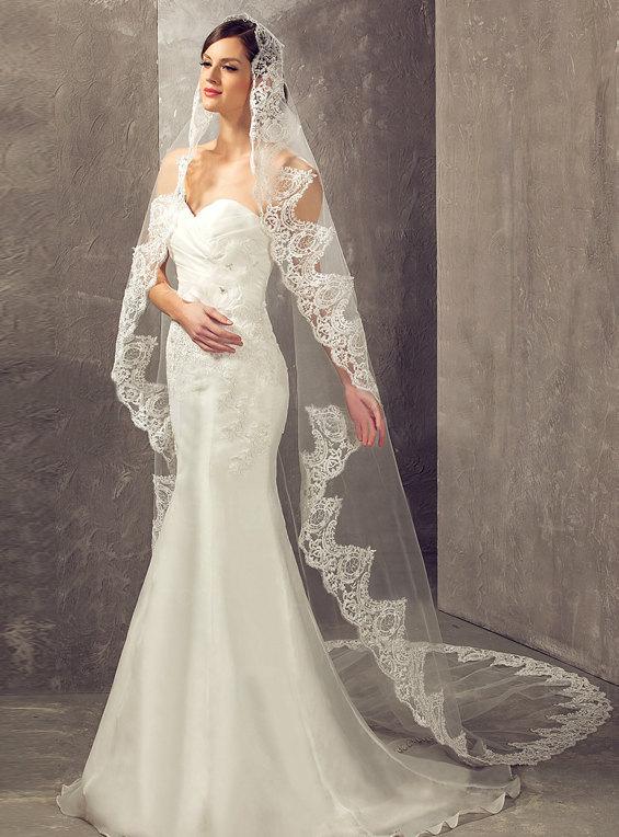 Wedding - Exclusive Embroidery Alencon lace Cathedral Length wedding Veil, Bridal lace veil, Ivory floor length bridal veil, 3M Mantilla Drop veil