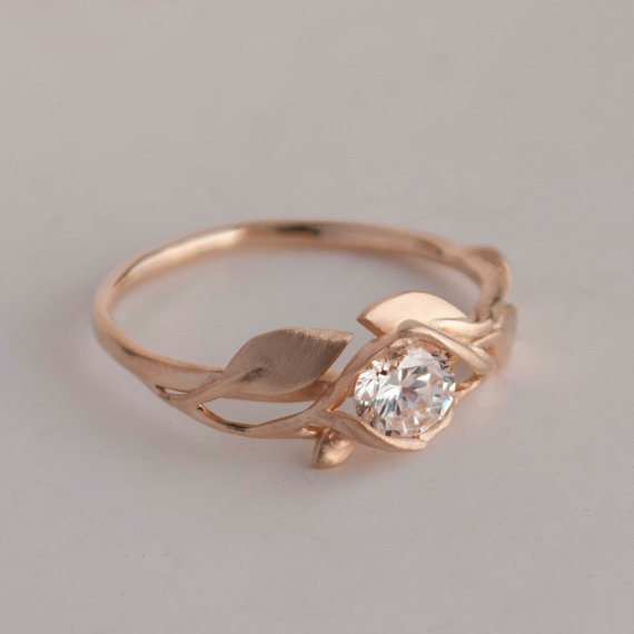 Wedding - Leaves Engagement Ring No. 6 - 14K Rose Gold engagement ring, engagement ring, leaf ring, antique, art nouveau, vintage, diamond ring