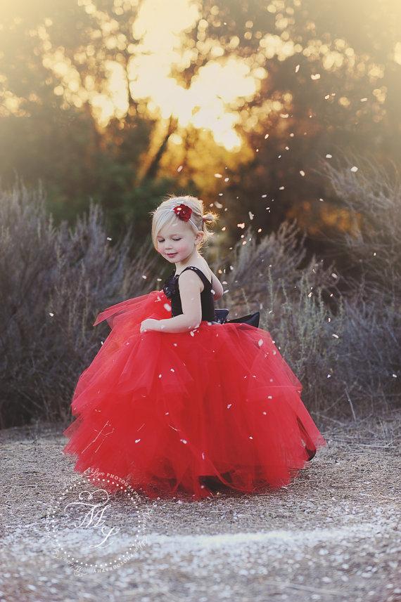 Wedding - flower girl dress red, red and black flower girl dress, long tutu, long tulle skirt, black and red tutu dress, red