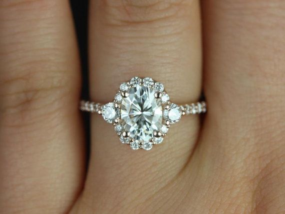 Wedding - Bridgette 8x6mm 14kt Rose Gold Oval FB Moissanite And Diamonds Halo Engagement Ring (Other Metals And Stone Options Available)