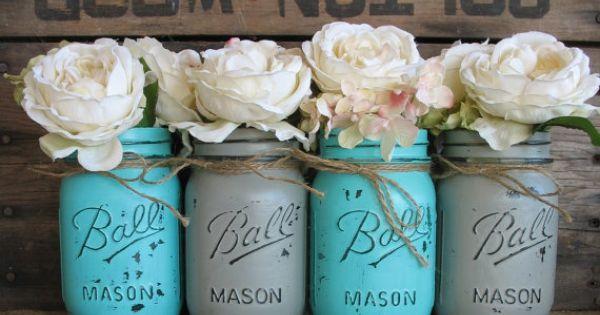 Mariage - Pint Mason Jars, Ball Jars, Painted Mason Jars, Flower Vases, Rustic Wedding Centerpieces, Turquoise And Grey Mason Jars