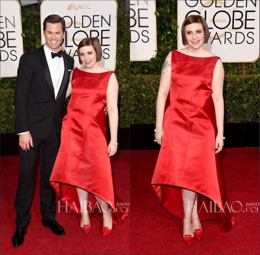 Wedding - Lena Dunham Evening Dress 2015 The 72th Annual Golden Globe Awards Satin Crew Neck Sleeveless Red Carpet Celebrity Dresses A-line High Low, $80.63 